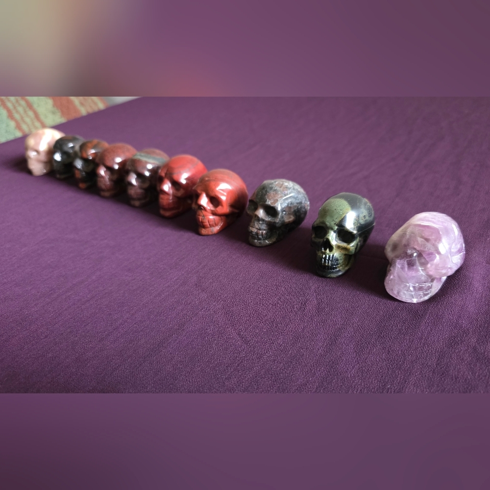 Set Of Ten Colorful Carved Stone Skulls